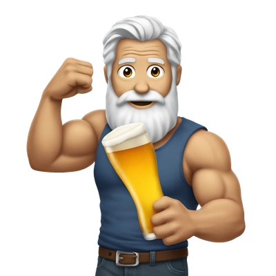 50-Year-Old bearded silver hair man flexing biceps while holding a beer in the other hand