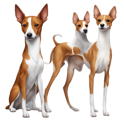 A Basenji with short red-and-white fur, upright ears, and a curled tail stands on the left. On the right, an Italian Greyhound with smooth dark gray fur, a white chest patch, and one white hind paw, slim with long legs and an elongated body.