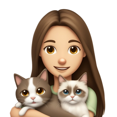 A beautiful girl with straight brown hair and brown eyes hugs a ragdoll cat and smiles