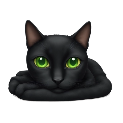 A black cat with green eyes is lying on a pillow