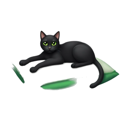 A black cat with green eyes sprawled on a pillow