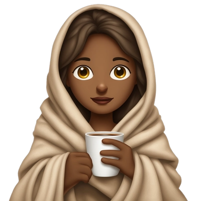 a brunette girl is sitting wrapped in a blanket with coffee,her eyes are half-closed,her eyes are brown
