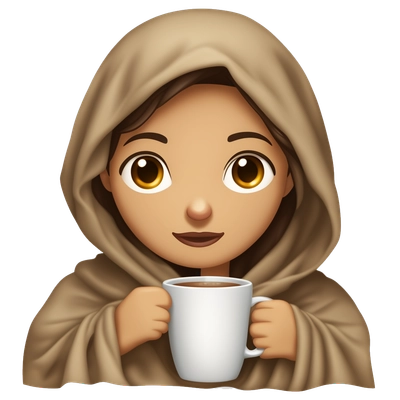a brunette girl,sitting wrapped in a blanket with coffee,eyes half-closed,brown eyes,light skin color