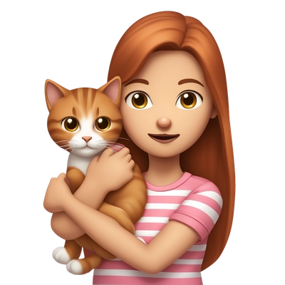 a brunette with long hair, pale skin, wearing a pink T-shirt with white stripes, holding a red-haired cat in her arms 