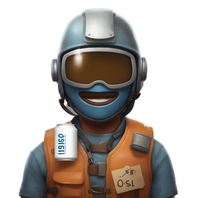 A character from the game RUST in a helmet from under a can of coffee, holding a sign with the inscription LOL