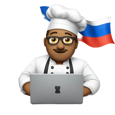 a chef sitting via a laptop working with a russian flag behind him