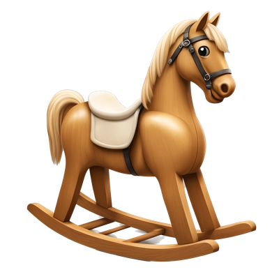A classic wooden rocking horse emoji, crafted from beechwood with a natural varnish. The horse has a curved base for rocking, a simple carved saddle, and engraved eyes. The wood grain and soft shadows highlight its handmade craftsmanship.