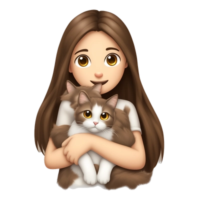 A cute nice girl with straight brown hair and brown eyes hugs a one ragdoll cat