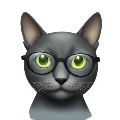 a dark grey cat with a white breast and light green eyes wearing round black glasses