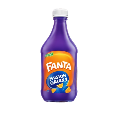 A detailed image of a single Fanta bottle with orange-colored liquid inside. The bottle has a label with 'MAISION Galaxy' written on it, in vibrant colors and a stylish font