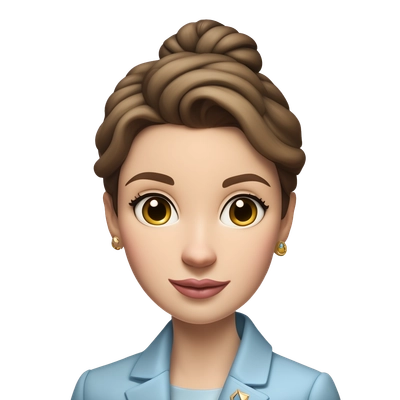 A diplomat girl with brown hair in a low bun, brown eyes, fair porcelain skin, and pink lips. She wears a light blue jacket and holds the UN Charter book. The image should be up to mid-thigh level.