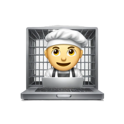 a emoji of a russian guy on a computer in a chefs outfit locked inside of a cage