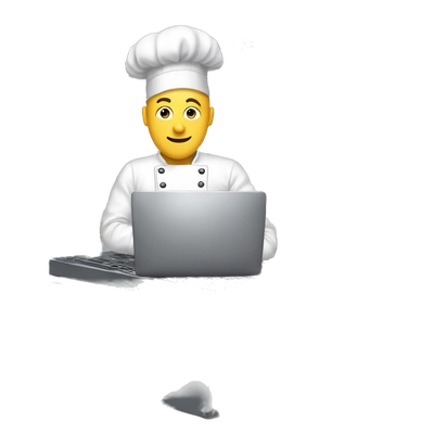 a emoji of a russian guy on a
computer in a chefs outfit locked
inside of a cage
