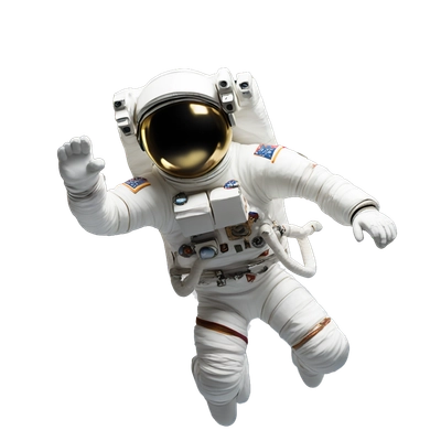 A full-length astronaut in a space suit flies in zero gravity