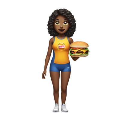 A girl in a sports bodysuit, holding a burger.
