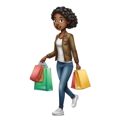A girl running errands with shopping bags. She is wearing not colorful clothes, looks pretty and stylish The style is the same as IOS emojis