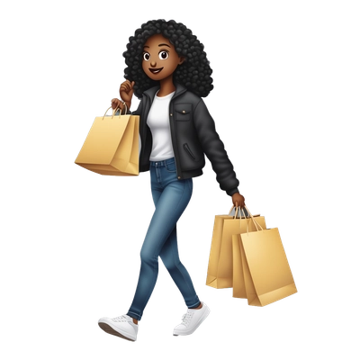 A girl running errands with shopping bags. She looks pretty and stylish, clean girl aesthetic, beautiful hair and clothes and style. 