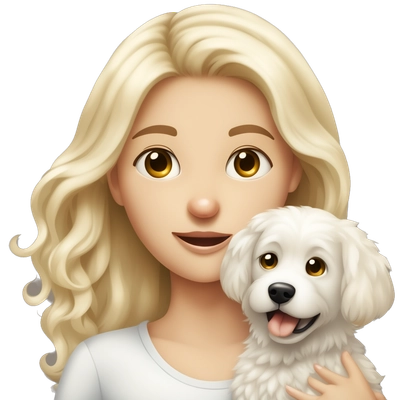a girl with blonde hair with a white fluffy dog in her arms 