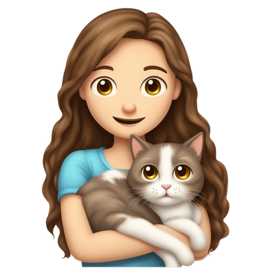 A girl with brown hair hugs a ragdoll cat and smiles