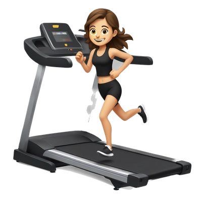 a girl with brown hair in black sportwear are running on treadmill and smile 
