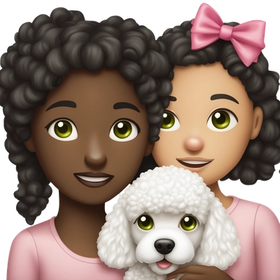A girl with green eyes and dark hair, who is holding a white poodle with a pink little bow
