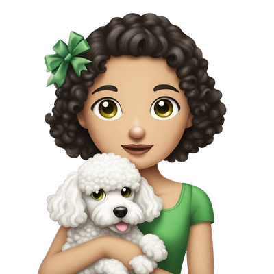A girl with green eyes and dark hair, who is holding a white poodle with a pink little bow