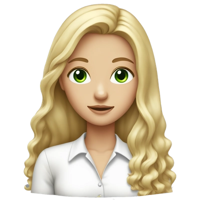 A girl with long blond hair and green eyes in a white blouse