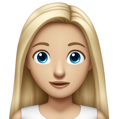 A girl with long dark blonde hair with blue eyes and with a white top without sleeves 