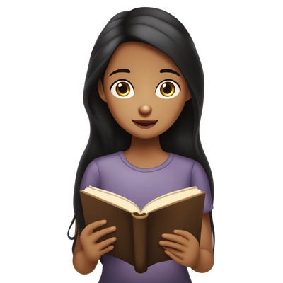 A girl with long dark hair, reading a beautiful book 
