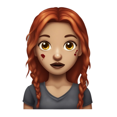 A girl with medium-length red hair and brown eyes, she's a zombie, she has blood on her face and scars. She also has a nose piercing and her lips are pierced on both sides.