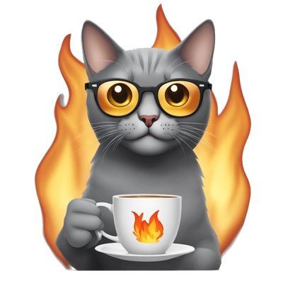 a gray cat with a cup of coffee in round glasses, a fire is burning around the cat