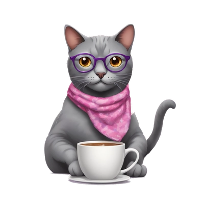 a gray cat with a mug of coffee in round glasses, a pink and purple handkerchief tied around the cat's neck, a fire is burning around the cat