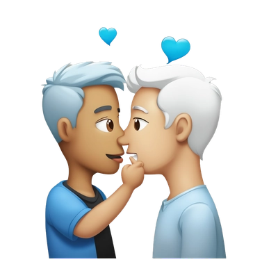 A guy with a blue square kisses a pregnant guy with white hair