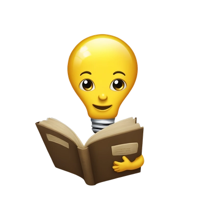 A light bulb with a cheerful expression on her face holds a book in her hands and reads