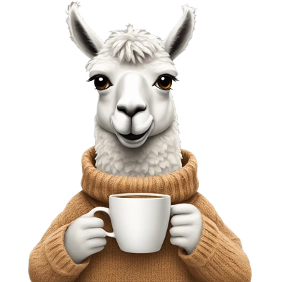 A llama in a sweater drinking coffee