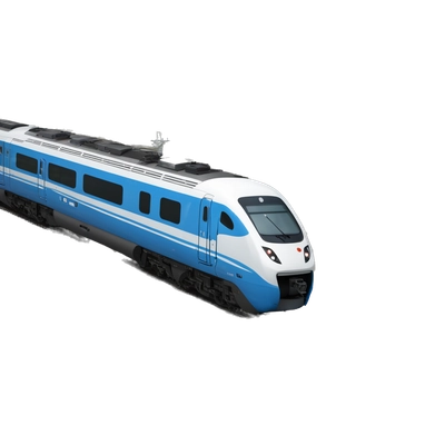 a modern train with white and blue colors on tracks