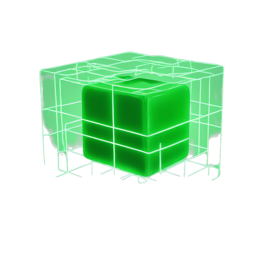 A neon green cube outfitted in tech