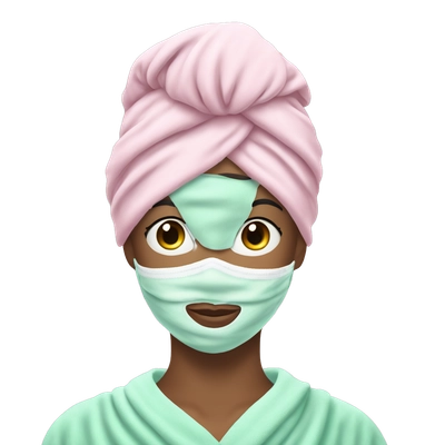 a one white girl in a pink robe, a white turban made from a towel on her head, and a mint-colored mask applied all over her face
