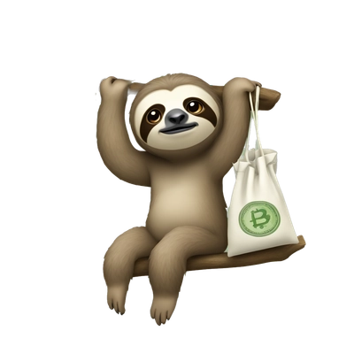 A philosopher-sloth hanging on a branch, looking thoughtfully ahead, with a bag of money in his paw.