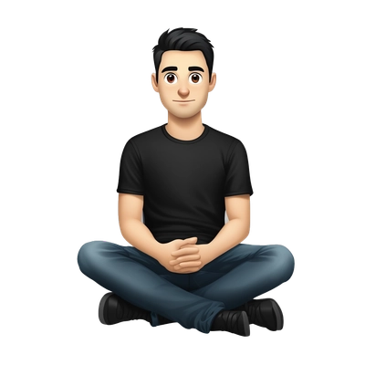 A russian white man 27 years old , with very short black hair in black T-shirt is sitting at a black laptop