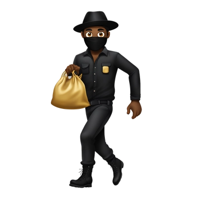 A thief wearing a black eye mask, black bini hat, prison shirt, black pants and black boots. Skin color yellow, the thief is running. With one hand he holds a gold bag behind his back