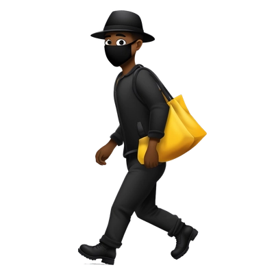 A thief wearing a black eye mask, black bini hat, prison shirt, black pants and black boots. The thief's skin color is yellow and he is running. He holds a gold bag with one hand behind his back. Side view of the emoji