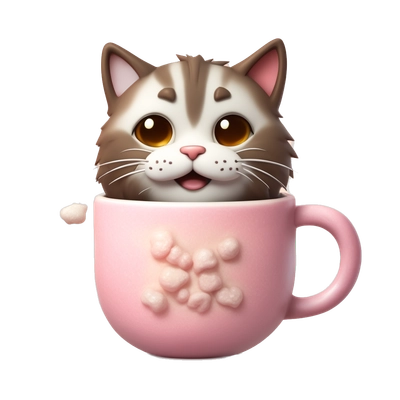 A warm emoji of a fluffy cat sipping hot cocoa from a tiny mug, cozy brown and pastel pink tones, festive and cuddly vibe, 3D cartoon style with steam details.