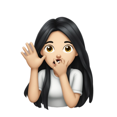 A white girl with long black hair jokingly choking herself with her own hands