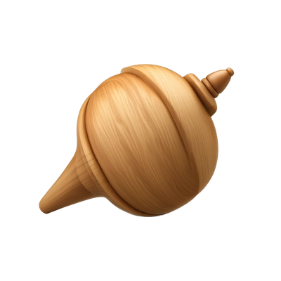 A wooden spinning top emoji, crafted from polished maple wood. It has a smooth, tapered shape with carved grooves along its body for decorative effect. The wood grain and subtle shading create depth, making it look like a real vintage toy.