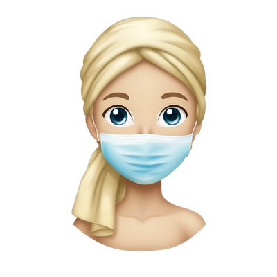 a young girl with blonde hair and blue eyes , fair skin color , Wearing a face mask and with a towel on her head