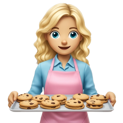 A young girl with blonde hair and blue eyes, Wearing a pink kitchen apron, holds a tray of cookies