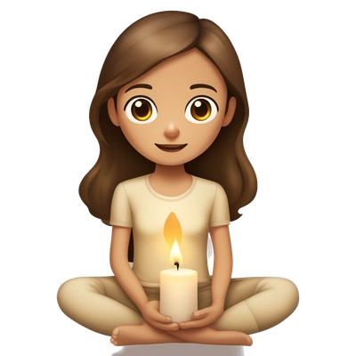 a young girl with brown hair and brown eyes, fair skin color, sits in a lotus position with a candle next to her
