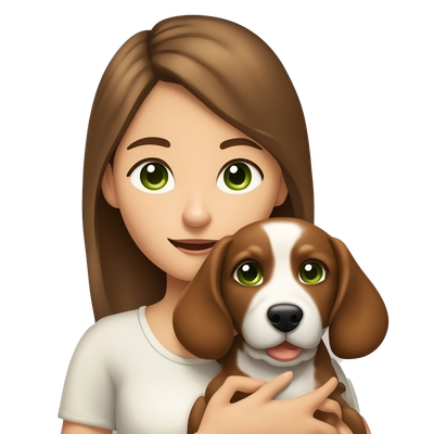 a young girl with brown hair and green eyes , fair skin color , with a dog in her arms