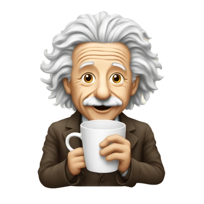 Albert Einstein with a cup of coffee